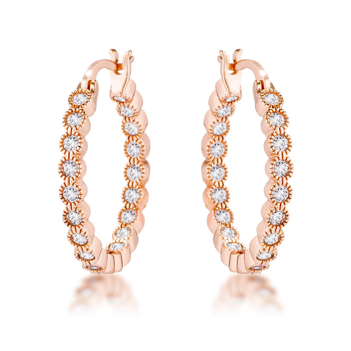 Rose Gold Plated Dotted Clear CZ Round Bezel Hoop Earrings