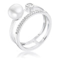 .15Ct Rhodium Plated CZ and Freshwater Pearl Contemporary Double Band Ring